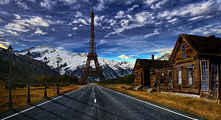 brown Eiffel tower, desert, road, mountains, Eiffel Tower