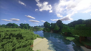 white and blue trees near body of water painting, landscape, Minecraft, shaders, river HD wallpaper
