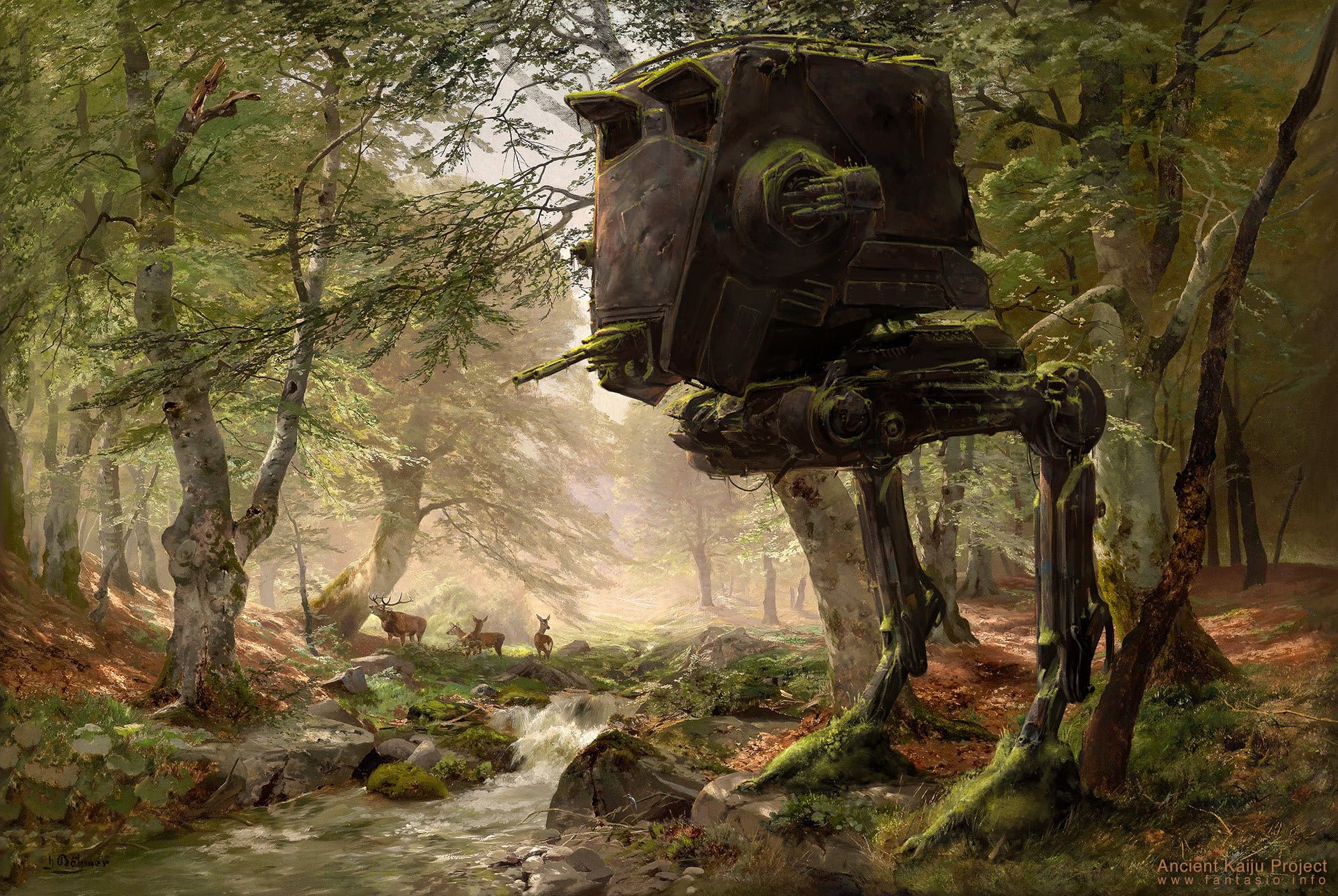 brown and green robot and trees digital wallpaper