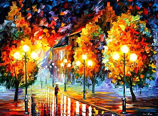 person holding umbrella walking in street beside streetlight painting HD wallpaper