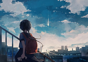 black-haired female anime character illustration, sky blue, clouds, sunrise, sun rays HD wallpaper