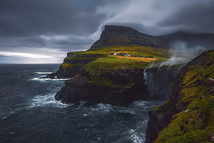 rock monument, dark, sea, nature, cliff