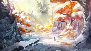 person in the middle of forest illustration, video games, I Am Setsuna, snow, fantasy art HD wallpaper