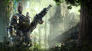 robot with rifle graphics art HD wallpaper