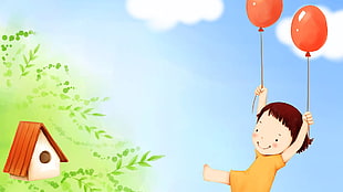 girl holding two red balloons during daytime illustratrion HD wallpaper