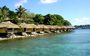 brown huts near beach under blue sky