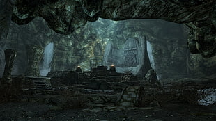 gray cave game application screenshot, The Elder Scrolls V: Skyrim, cave, runes HD wallpaper