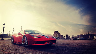 red Ferrari 458, car, city, Ferrari HD wallpaper