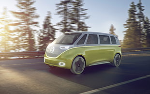 time lapse photo of yellow Volkswagen concept van running on road during daytime HD wallpaper