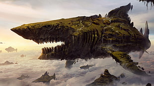 green shark island, digital art, floating island, shark, fantasy art HD wallpaper