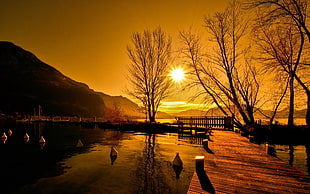 brown wooden dock, nature, landscape, lake, sunset HD wallpaper