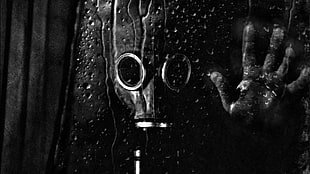 black gas mask, gas masks, water drops, monochrome