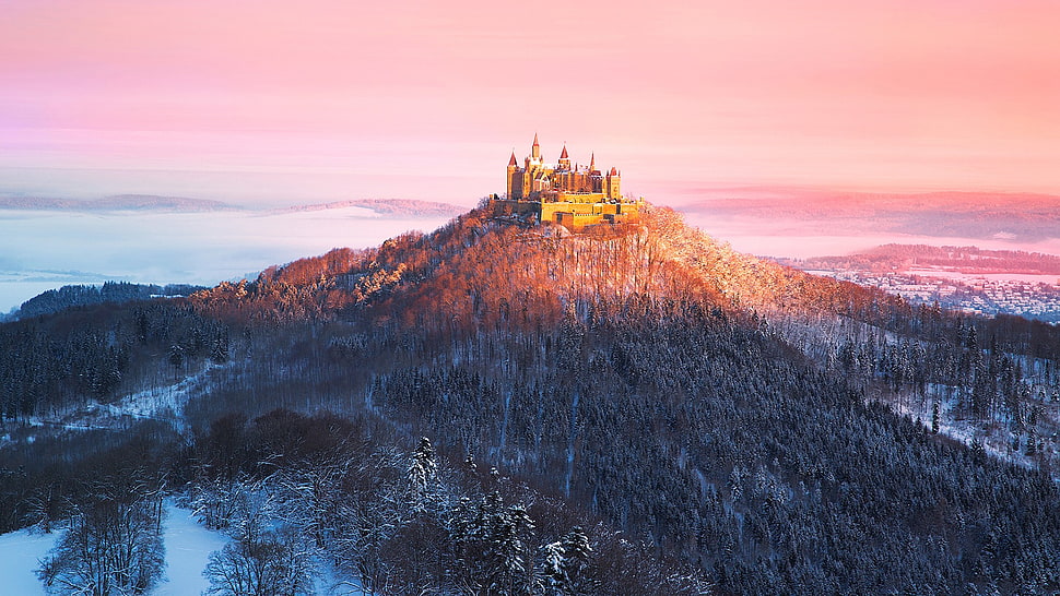 brown castle, nature, forest, mountains, Burg Hohenzollern HD wallpaper