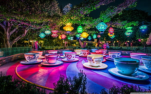 assorted-color teacup with saucer set lot, Disneyland, theme parks, trees, lantern HD wallpaper