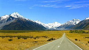 snowy mountain summit, road, grass, snow, landscape