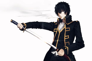 black-haired male holding katana anime character graphic illustration HD wallpaper