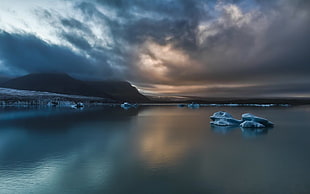 aerial view photography of body of water near mountain range, Iceland, sea, ice, clouds