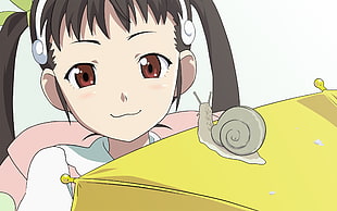 black-haired female anime character beside gray snail HD wallpaper