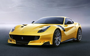 blue Ferrari 458 I]talia, Ferrari F12 TDF, car, vehicle, yellow cars HD wallpaper