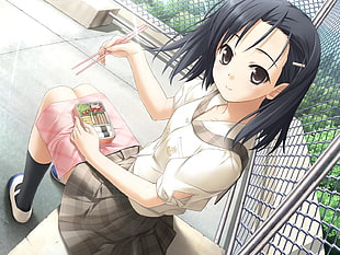 girl anime character holding chopstick digital poster HD wallpaper