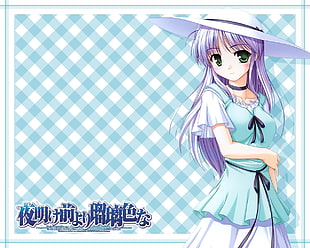 female anime character wearing blue and white dress white sun hat HD wallpaper