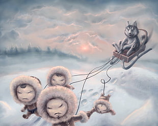 wolf riding sled, aurorae, eskymos, wolf, artwork HD wallpaper