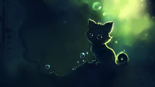 black kitten, cat, Apofiss, bubbles, artwork HD wallpaper