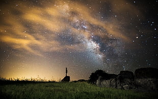 green grass field, sky, digital art, stars, people