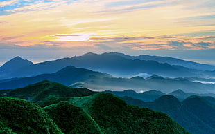 green mountains, landscape, mountains, mist, sunset HD wallpaper