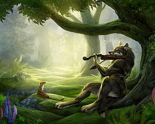 wolf playing piano while sitting bellow tree graphic picture