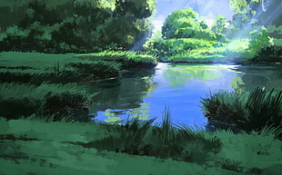 green grass near creek wallpaper, artwork, digital art, concept art, forest HD wallpaper
