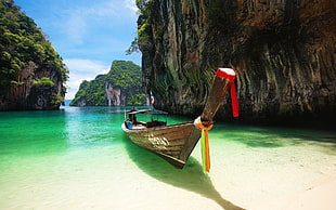 brown canoe, nature, vietam, Ha Long Bay HD wallpaper