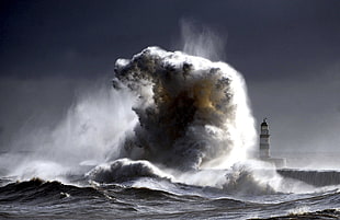 ocean waves photo, lighthouse, sea, waves, nature HD wallpaper