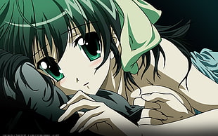 photo of girl in green hair lying on gray pillow anime character HD wallpaper