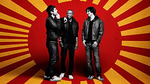 three men wearing black jackets and pants HD wallpaper