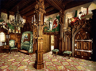 brown wooden column, architecture, interior, Neuschwanstein Castle, painting HD wallpaper