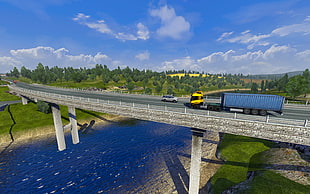 blue and yellow trailer truck, video games, Euro Truck Simulator 2, trucks, highway HD wallpaper