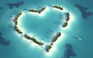 green heart shape trees on body of water