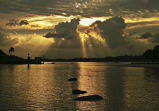 calm body of water under dark sky, rays