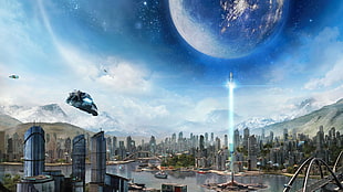 high-rise building and space ship digital wallpaper, Anno 2205 HD wallpaper