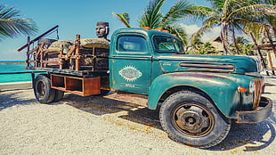 blue single cab pickup truck, Truck, car, vintage, old