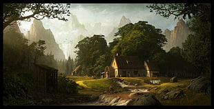brown house illustration, Andree Wallin, lake, mill, mountains HD wallpaper