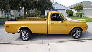 yellow single cab pickup truck, Chevy, Chevrolet, 1967, 1968