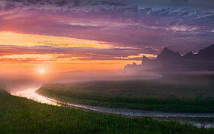 green grassfield, nature, landscape, river, midnight