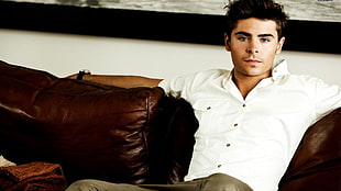 men's white dress shirt, Zac Efron, men, couch, actor