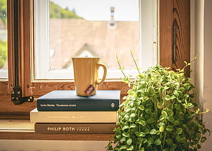 yellow ceramic mug on novel books