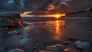 seashore painting, sunset, beach, nature