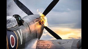 white and brown wooden table, spitfire, airplane, World War II, fire