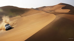 brown wooden bed frame with white mattress, vehicle, sand, dune, desert