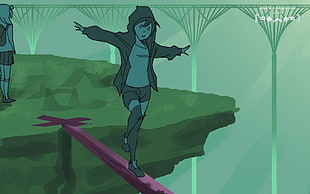 female crossing on bridge artwork, Porter Robinson, drawing, digital art, hoods